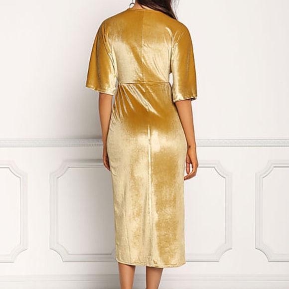 GOLD VELVET DRAPED SLIT MIDI DRESS M/L - Picture 5 of 6